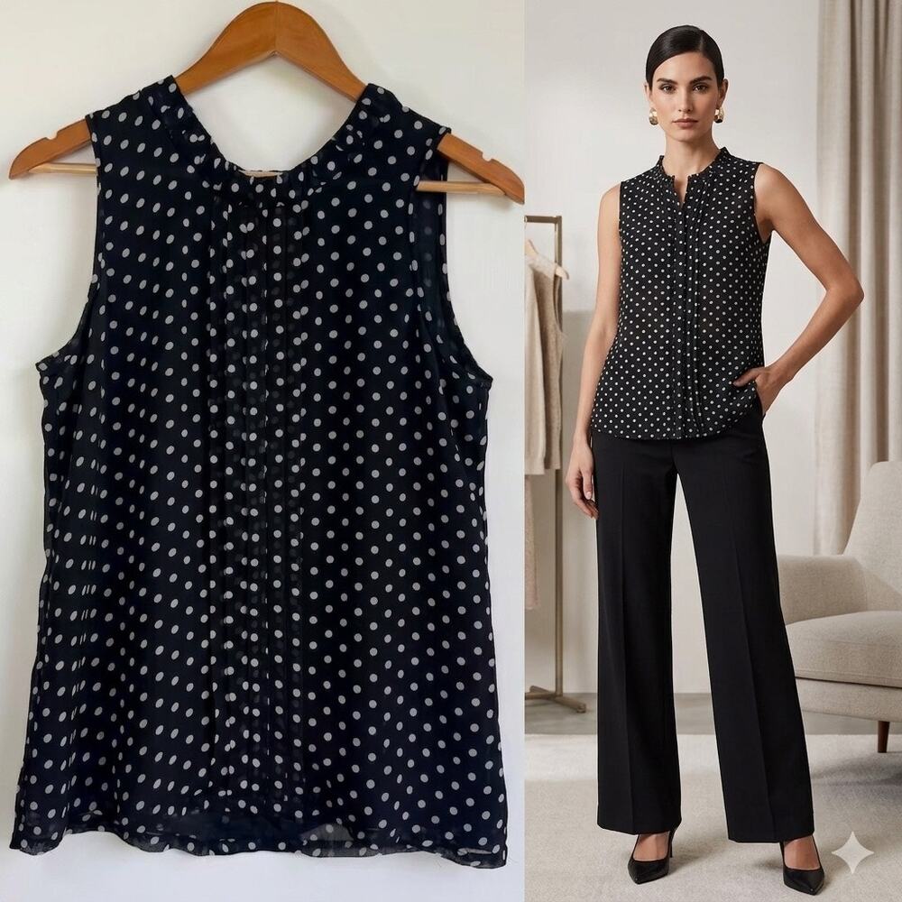 Polka Dot Sleeveless Classic Corporate Wear Blouse Pleated Shell Tank Medium